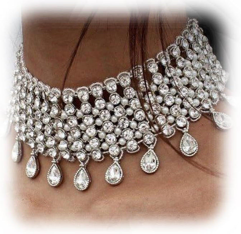 Vintage Boho Full Rhinestones Necklaces Tassel Jewelry Set Layered Pendant Statement Chunky Chain Necklace for Women