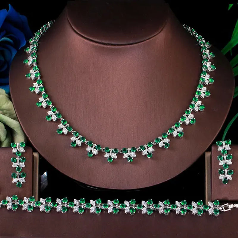 CANDICE Prom Party 3Pcs Jewelry Set Pave Blue Cubic Zircon Leaf Flower Charm Necklace Earrings and Bracelet for Ladies