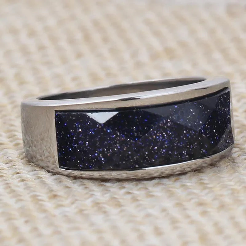 Vintage Men's Agate Ring Stainless Steel Sky Blue Black White Gemstone Irregular Ring Jewelry Gift for Men Women Boyfriend Girlfriend