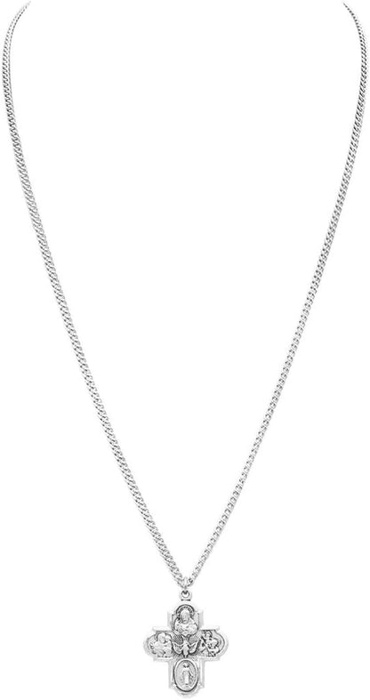 Rosemarie'S Religious Gifts Sterling Silver Traditional Catholic Four Way Cross Medal Pendant Necklace, 24"