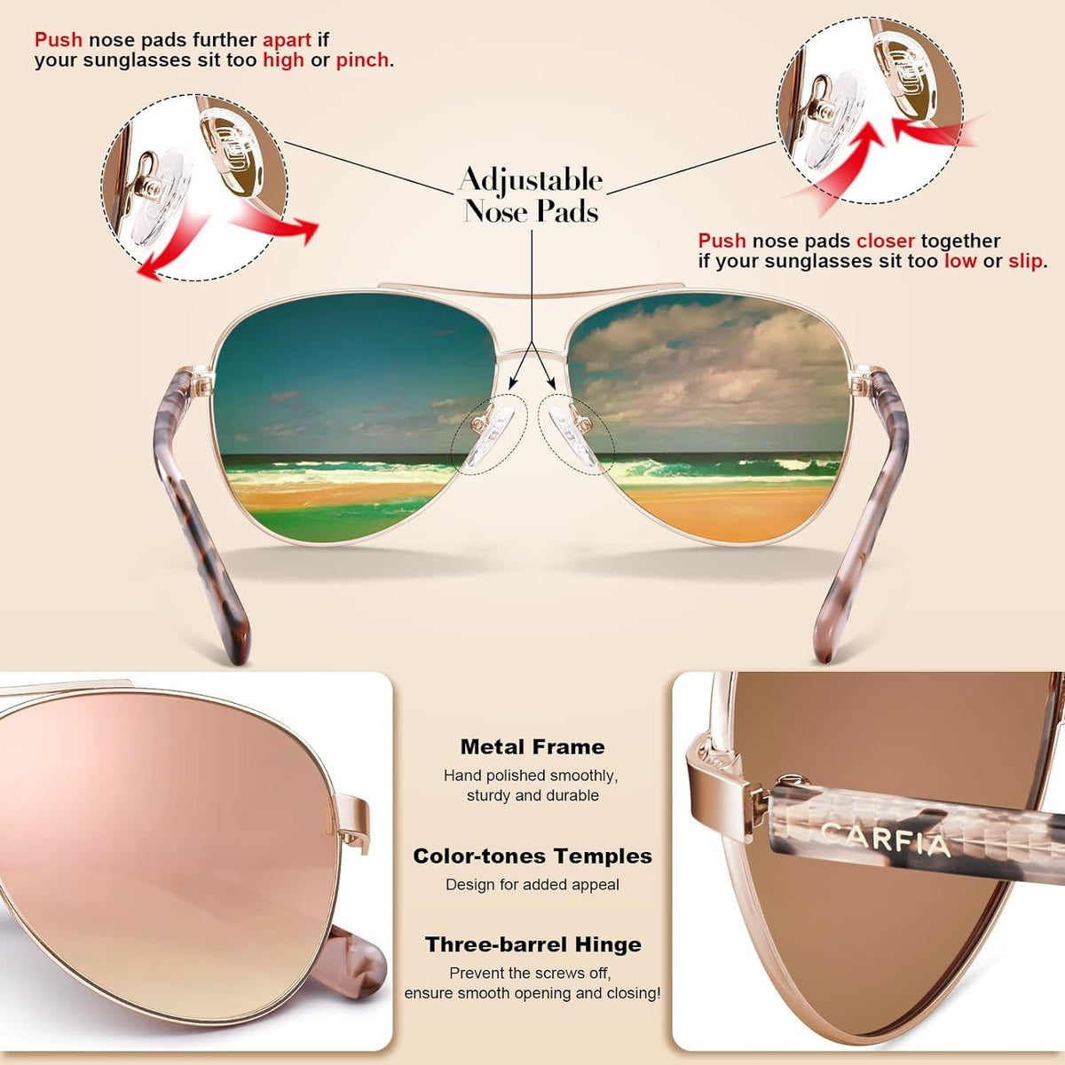 Polarized Sunglasses for Women UV Protection Ultra-Lightweight Metal Frame Woman's Shades CA3216