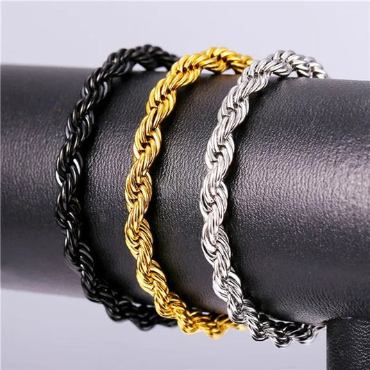 Cool Men Rope Chain Bracelet 6MM 8.3 Inches - 3 Colors Black, Silver, Gold