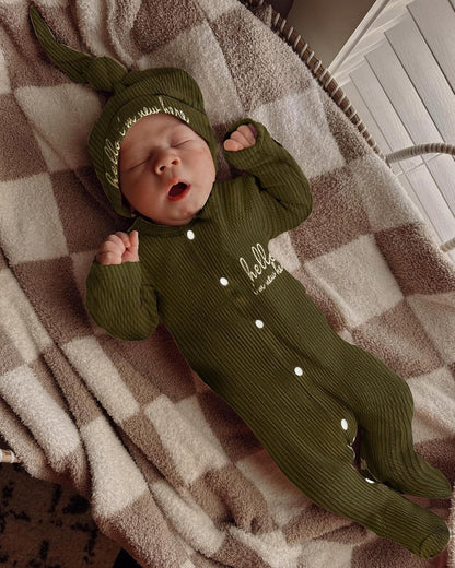 Newborn Infant Baby Boy Coming Homing Clothes Letter Print Button Knit Footed Romper Jumpsuit Hat Bibs 3Pcs Outfit