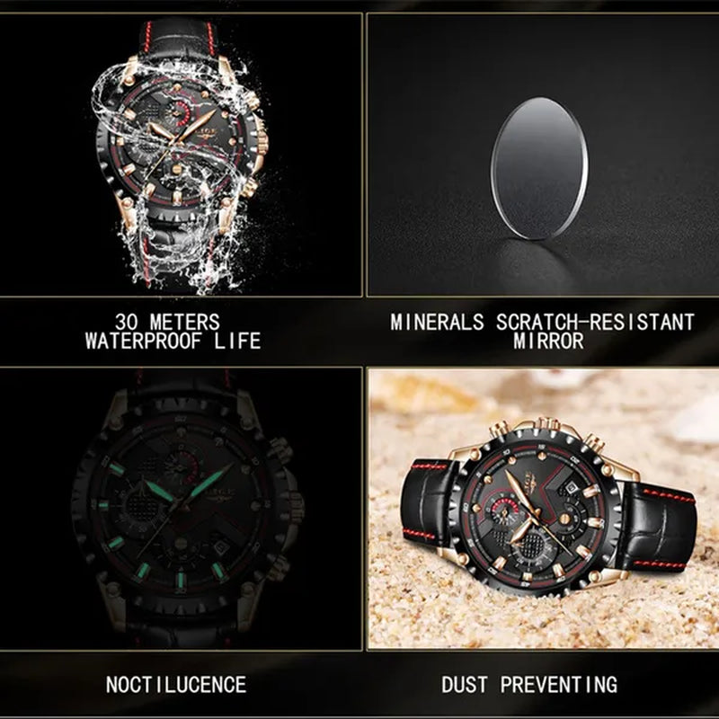 LIGE Mens Watches Top Brand Luxury Quartz Gold Watch Men Casual Leather Military Waterproof Sport Wrist Watch Male Fashion Clock