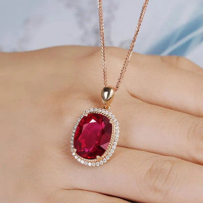 Jewelry Fashion Gold-Plated Zircon AAA Ruby Ellipse Pendant Rose Gold Necklace Ornament