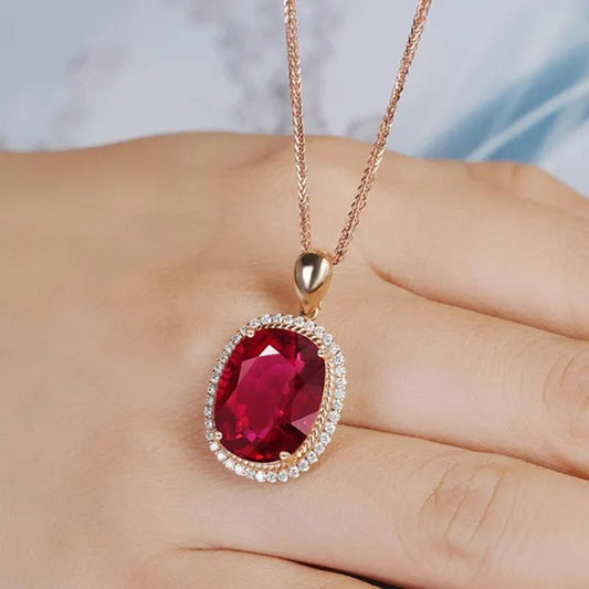 Jewelry Fashion Gold-Plated Zircon AAA Ruby Ellipse Pendant Rose Gold Necklace Ornament