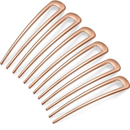 6 Pieces Hair Pins Simple Metal U Shaped French Gold Hair Fork Sticks 2 Prong Updo Chignon Pins for Women Lady Buns Accessories(Rose Gold)