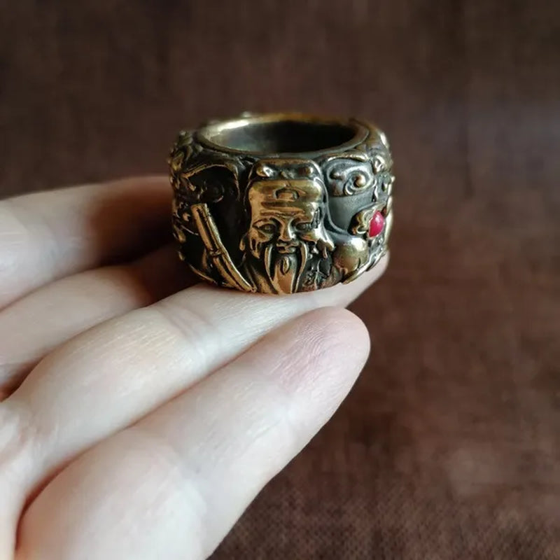Solid brass Fu Lu Shou finger ornaments embossed retro inlaid ruby copper finger wenwan antiques