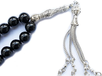 10Mm Tasbih Prayer Beads Natural Black Agate Stone Islamic Misbaha Prayer Rosary Beads Muslim Islam Misbaha Bracelet Moon Tasbeeh Sibha 33 Prayer Beads Hand Bracelets