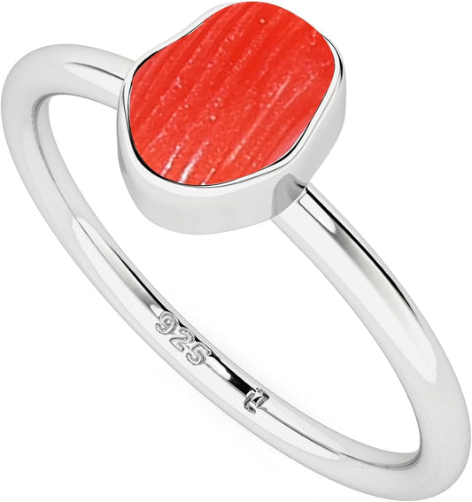 Natural Raw/Rough Red Coral Stackable Ring for Women in Sterling Silver, Gemstone Birthstone Jewelry Gifts for Her (Bezel-Set)