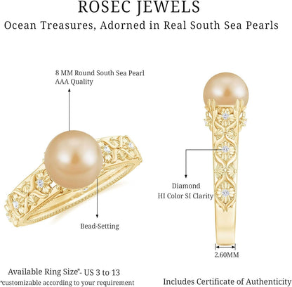 Real Golden Pearl Diamond Engagement Ring, AAA Quality, South Sea Pearl Flower Ring - Ready to Gift