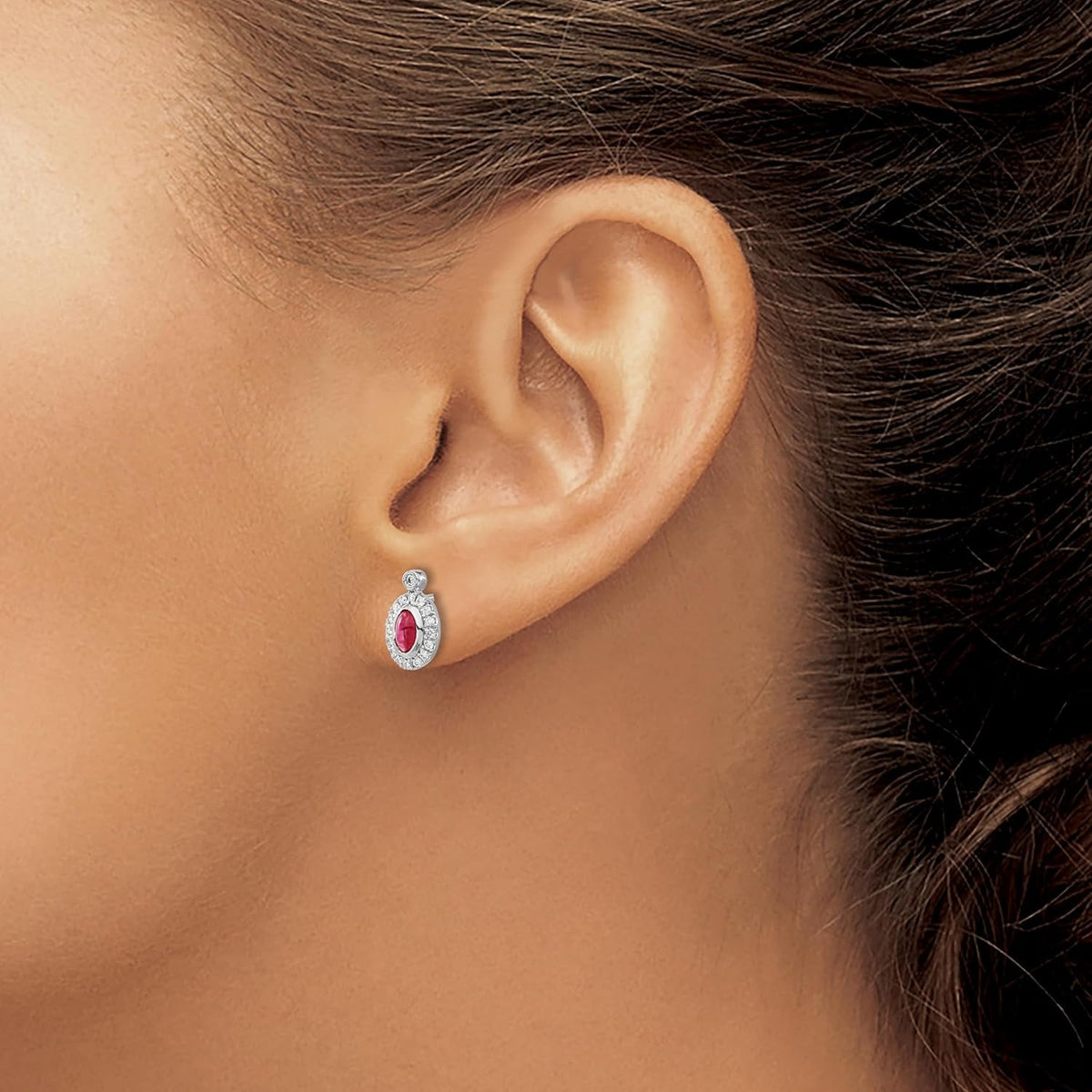 14K Solid White Gold Diamond Cabochon Red Ruby Stud Earrings Gemstone Post Push Back July Birthstone Jewelry