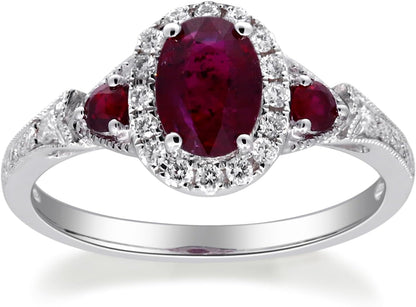 14K White Gold Mozambique Genuine Ruby Ring with Diamonds for Women | Ethically, Authentically & Organically Sourced (Oval-Cut) Shaped Ruby Hand-Crafted Jewelry for Her | Ruby Ring for Women