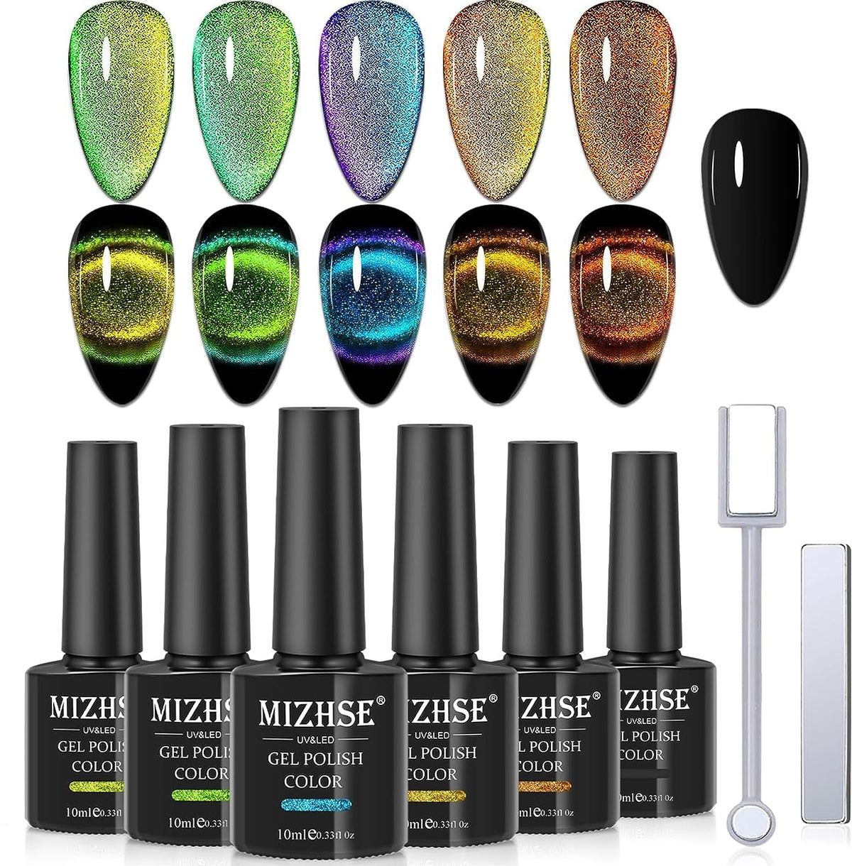 9D Cat Eye Gel Nail Polish, Magnetic Cat Eye Gel Polish Set, 10ml*6 with 2 Magnets, Classic Colors Chameleon Magic Galaxy Effect Soak off Nail Art - Sparkle Stunning Gel Polish Gift for Women