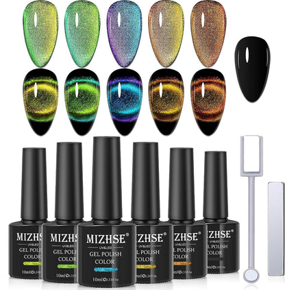 9D Cat Eye Gel Nail Polish, Magnetic Cat Eye Gel Polish Set, 10ml*6 with 2 Magnets, Classic Colors Chameleon Magic Galaxy Effect Soak off Nail Art - Sparkle Stunning Gel Polish Gift for Women