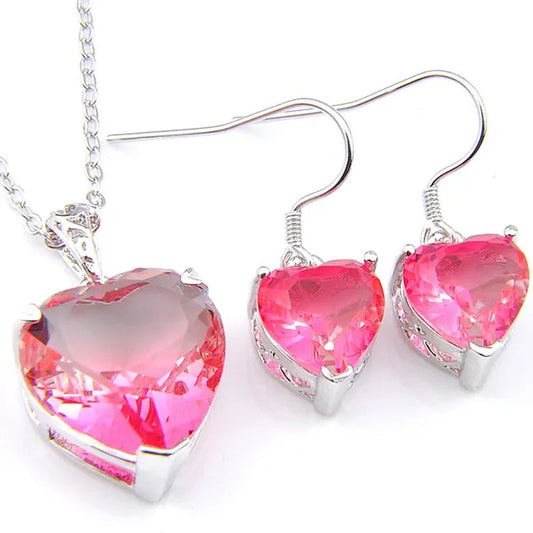 Heart Cut Shine Dazzling Pink Fire Bi-Colored Tourmaline Gemstone Silver Dangle Earrings Pendant Necklaces Jewelry Sets for Women Wedding Holiday Friends