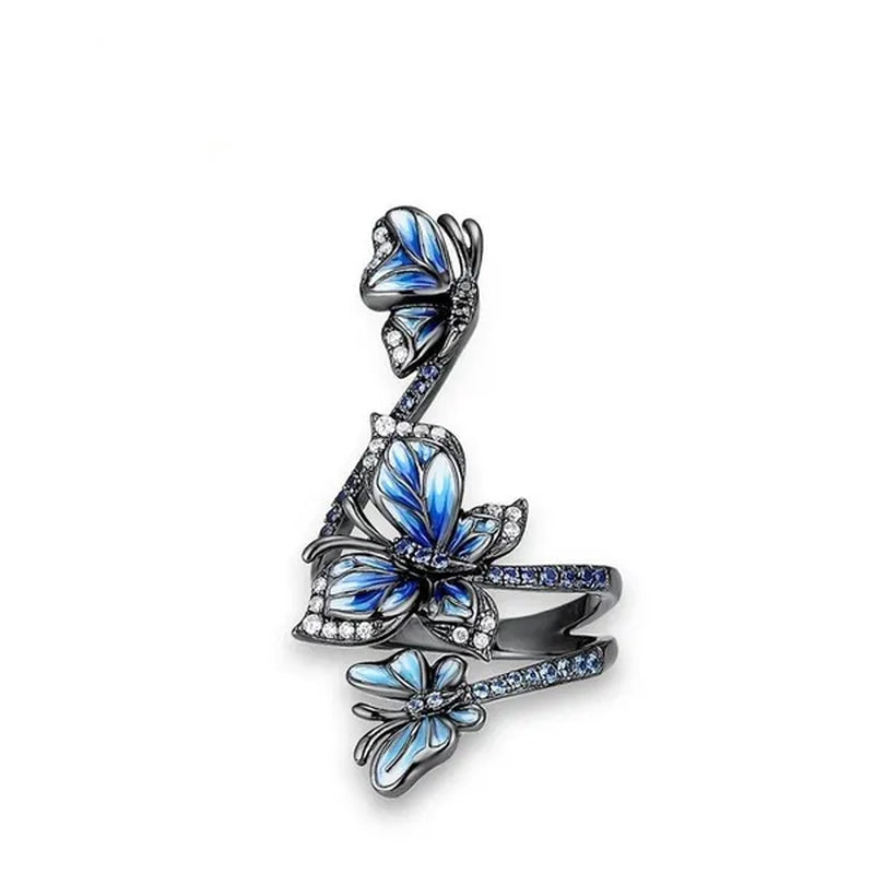 Exquisite 925 Sterling Silver Jewelry Rings for Women Female 3 Butterfly Animal Ring Temperament Blue Sapphire Zircon Inlay Ring Gun Black Ring Engagement & Wedding Band Ring Size 6-10