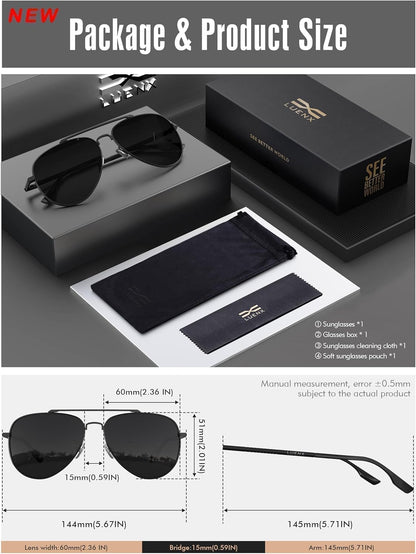 Aviator Sunglasses for Men Women Polarized Driving Classic Shades - UV 400 Protection with Accessories 60MM