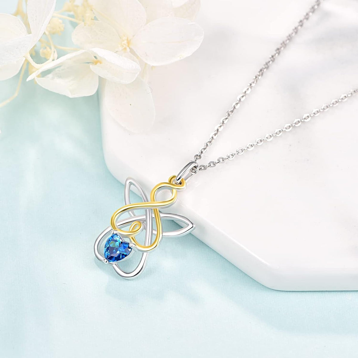 Guardian Angel Necklace for Women 925 Sterling Silver Infinity Love Heart Necklace Created Sapphire Gemstone Jewelry for Her