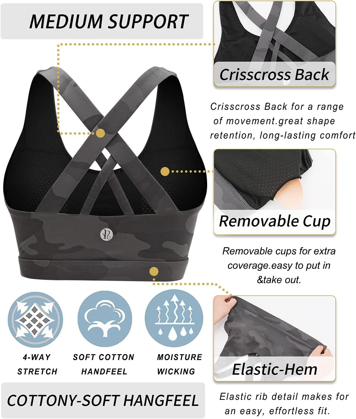 Sports Bra for Women, Criss-Cross Back Padded Strappy Sports Bras Medium Support Yoga Bra with Removable Cups
