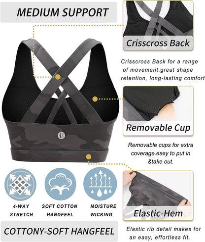 Sports Bra for Women, Criss-Cross Back Padded Strappy Sports Bras Medium Support Yoga Bra with Removable Cups
