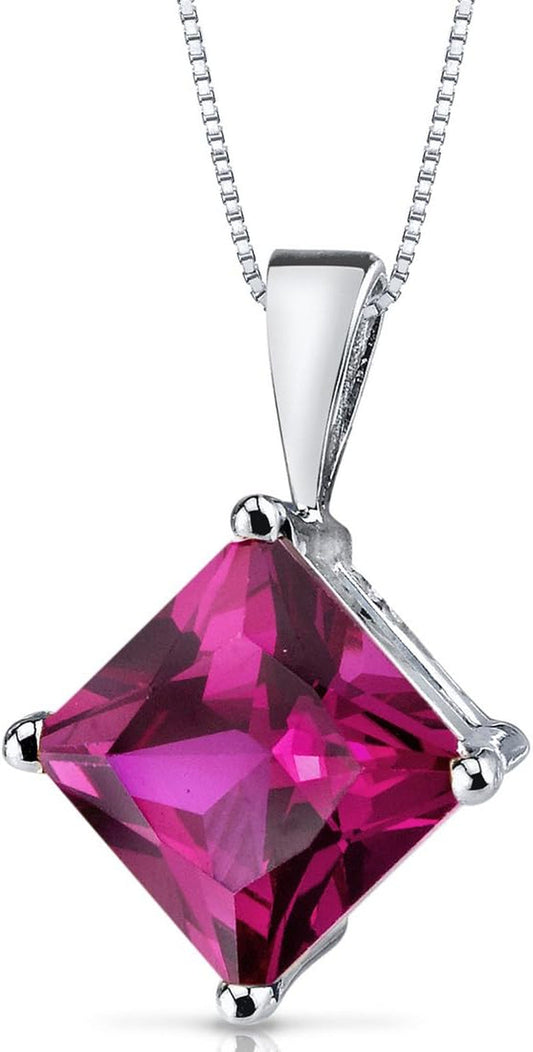Created Ruby Pendant in 14 Karat White Gold, Classic Solitaire, Princess Cut, 8Mm, 3 Carats Total, Valentine'S Gift for Her, Wife, Sister, Women Gift Ideas W/Jewelry Box