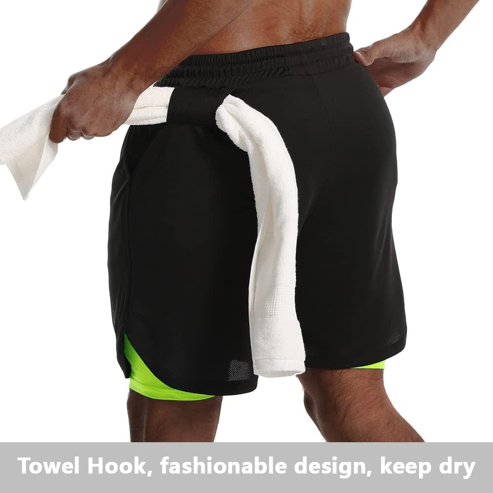 Mens 2 in 1 Running Shorts Quick Dry Gym Athletic Workout Shorts with Compression Liner