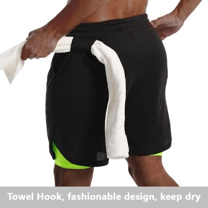 Mens 2 in 1 Running Shorts Quick Dry Gym Athletic Workout Shorts with Compression Liner