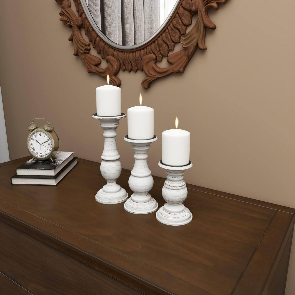 White Mango Wood Turned Style Pillar Candle Holder (Set of 3)