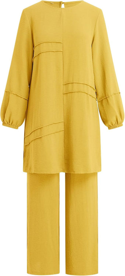 Abayas Dress for Women Muslim Long Sleeve Loose Top Pants 2 Pcs Dubai Islamic Muslim Women Matching Sets