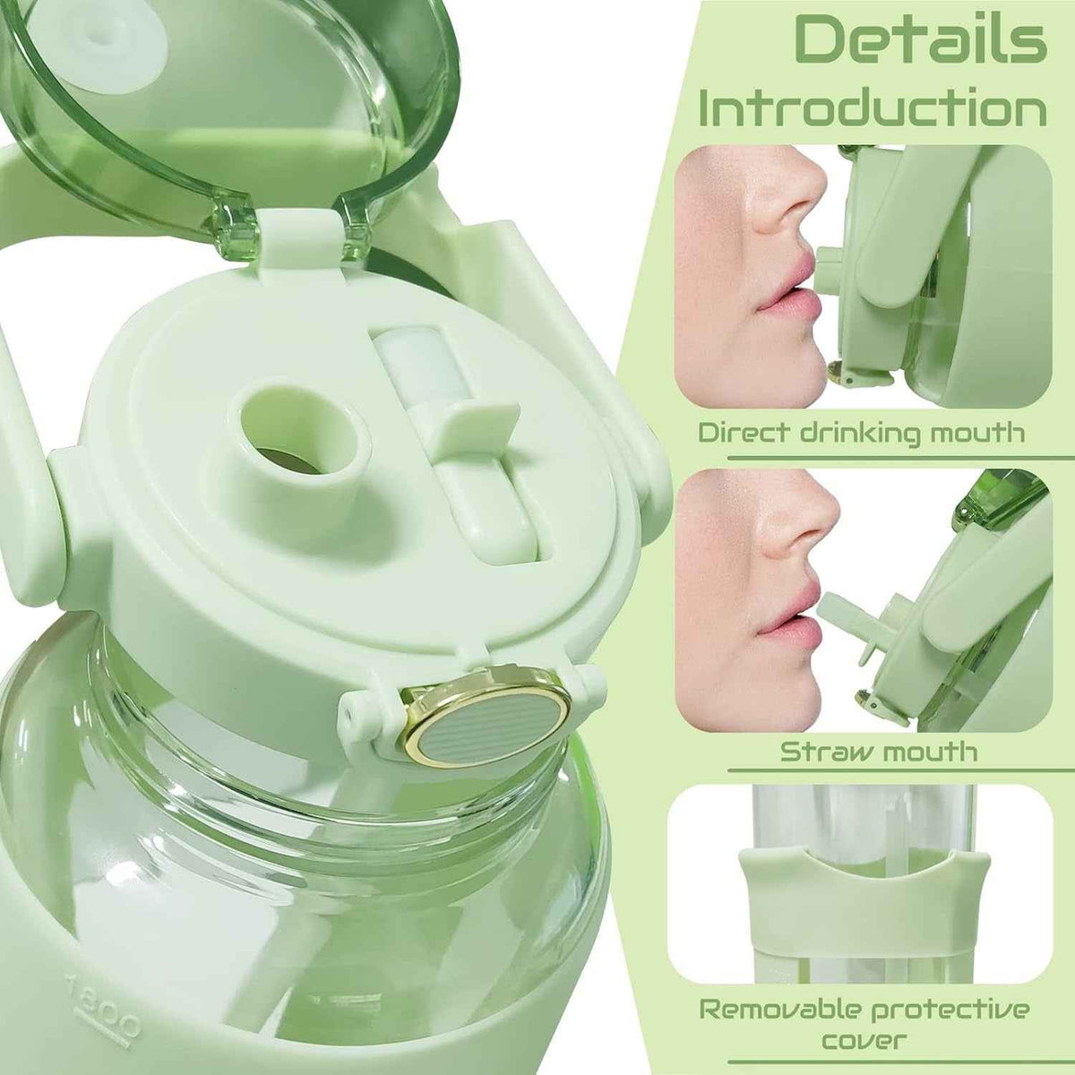 64Oz Glass Water Bottle with Straw, Reusable Half Gallon Aesthetic Water Bottles with Time Marker Large Sports Water Bottles with Silicone Sleeve and Handle for Gym Workout (Green)