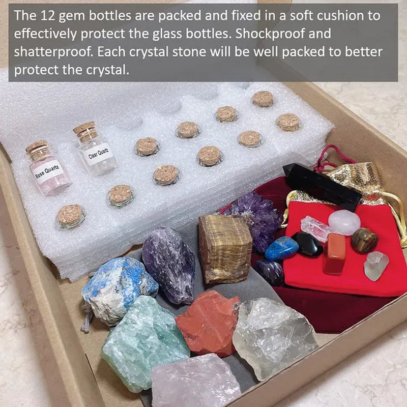 29 Crystals and Healing Stones Gemstone Bottles Chip,Raw Chakra Stones,Black Obsidian Wands,Witchcraft Supplies Healing Crystals Set,Chakra Healing Witchy Room décor Meditation Therapy Crystals