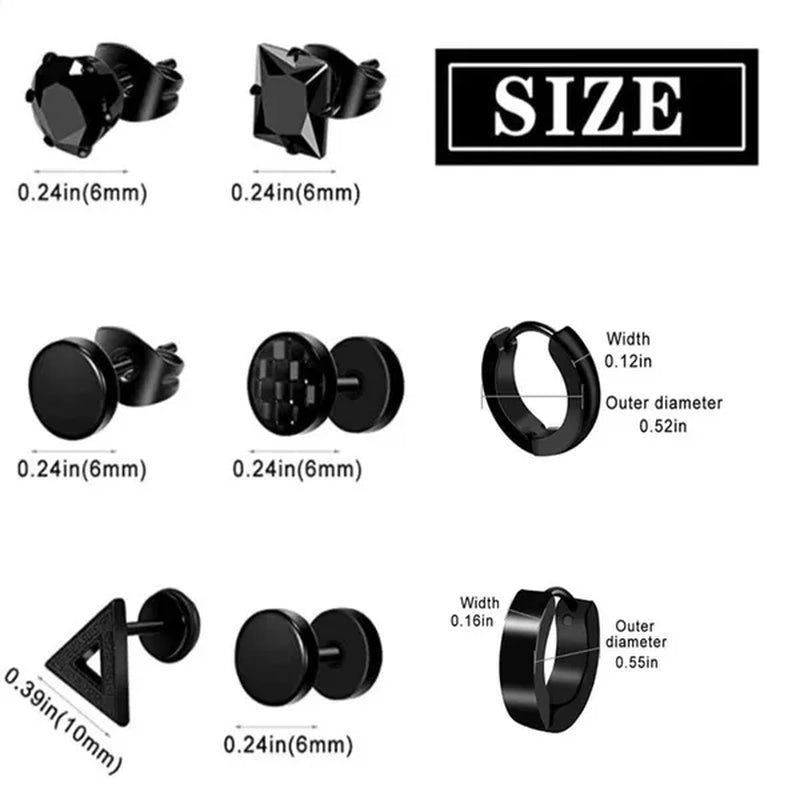 12 Pairs Set Stainless Steel Cross Stud Hoop Earrings Black Piercing Jewelry Men