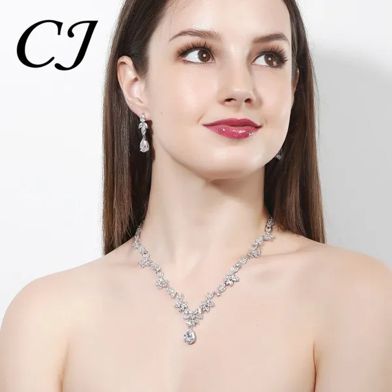 CANDICE Luxurious Classy White Gold Plating Bridal Crown Tiara Necklace Earrings Sets Pave Water Drop Cubic Zirconia Wedding Jewelry Set for Brides