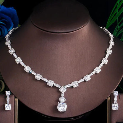 CANDICE Fashion Modern Bridal Party Jewelry White Cubic Zirconia with Exquisite Red Stone Square Drop Necklace Earrings Set for Brides