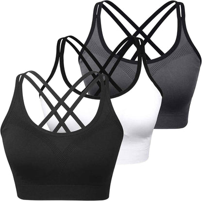 Cross Back Sports Bra for Women Padded Strappy Yoga Bra Medium Support Workout Bra for Athletic Gym Fitness 3 Pack