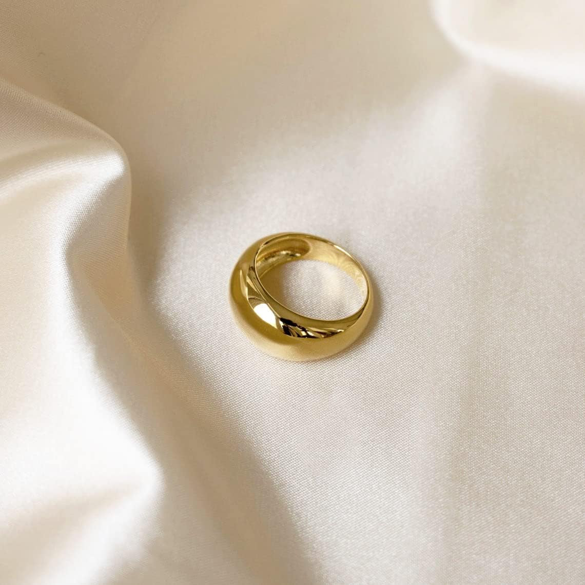 Chunky Rings for Women, 18K Gold Plated Simple Dome Statement Rings for Women Stackable Thick Band Rings Silver Gold Plated Ring Minimalist Signet Ring, Size 5 to 10