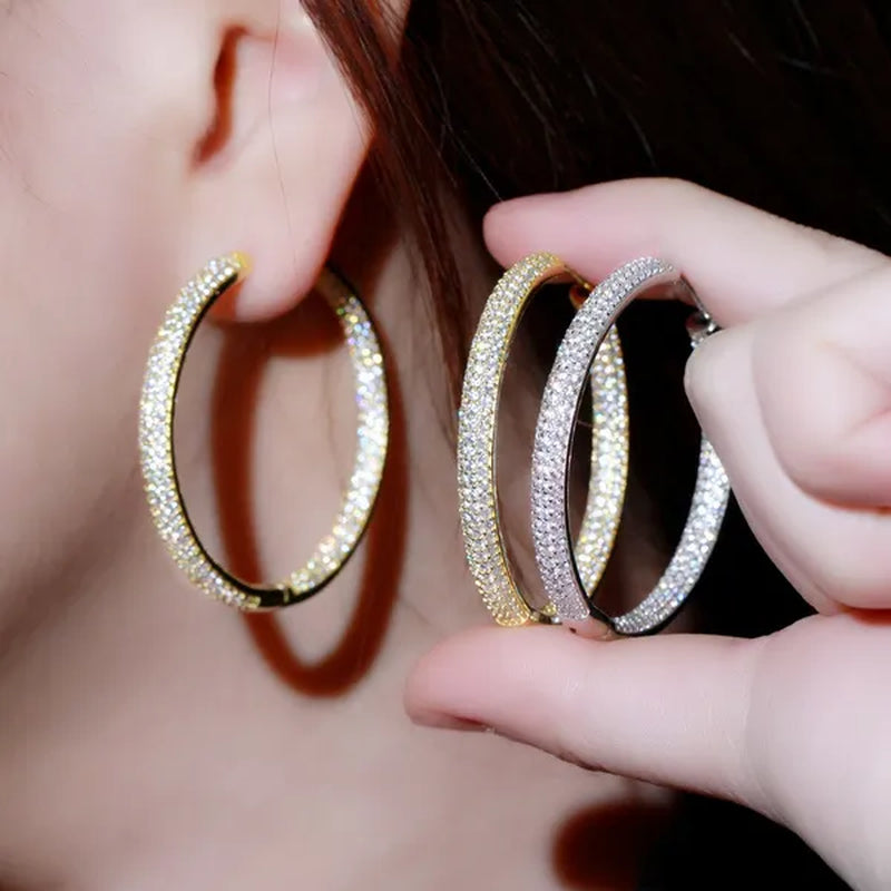CANDICE European American Fashionable Large Hoop Earing Full Micro Shining AAA CZ Zirconia Silvery Golden Women Earrings Jewelry