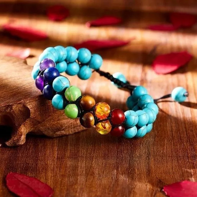 7 Chakra Bracelet Natural Healing Stones Beads Bracelet Double Layered Adjustable Macrame Woven Rope Chain Yoga Bracelet(4Colors)