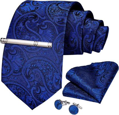Paisley Ties for Men Silk Necktie and Pocket Square Cufflinks Tie Clip Set Woven Classic Mens Tie for Wedding Party