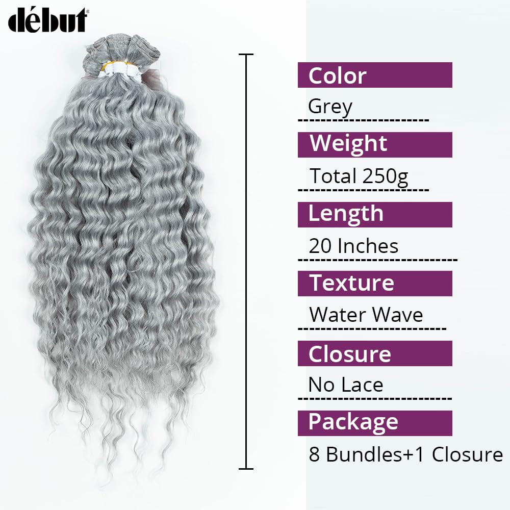 Gray Synthetic Hair 8 Bundles with Simple Closure Water Wave High Temperature Fiber Wavy Hair Weave 9PCS 20 Inches Grey Color 240G
