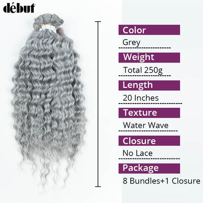 Gray Synthetic Hair 8 Bundles with Simple Closure Water Wave High Temperature Fiber Wavy Hair Weave 9PCS 20 Inches Grey Color 240G
