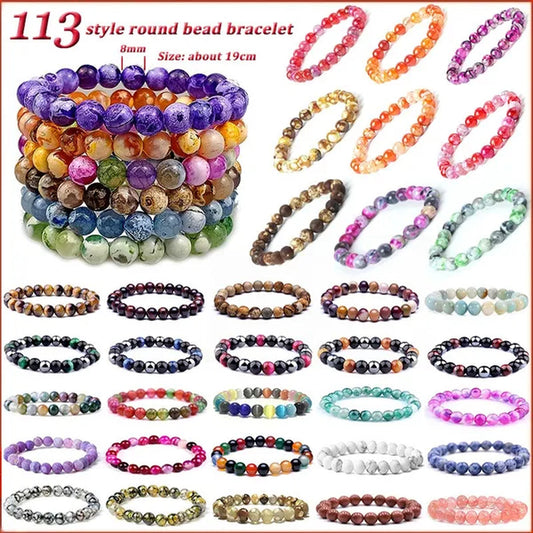 113 Style 8mm Beads Bracelet Men and Women Diy Stone Beads Bracelet Round Turquoise Agate Crystal Chalcedony Opal Beaded Bracelet Wholesale