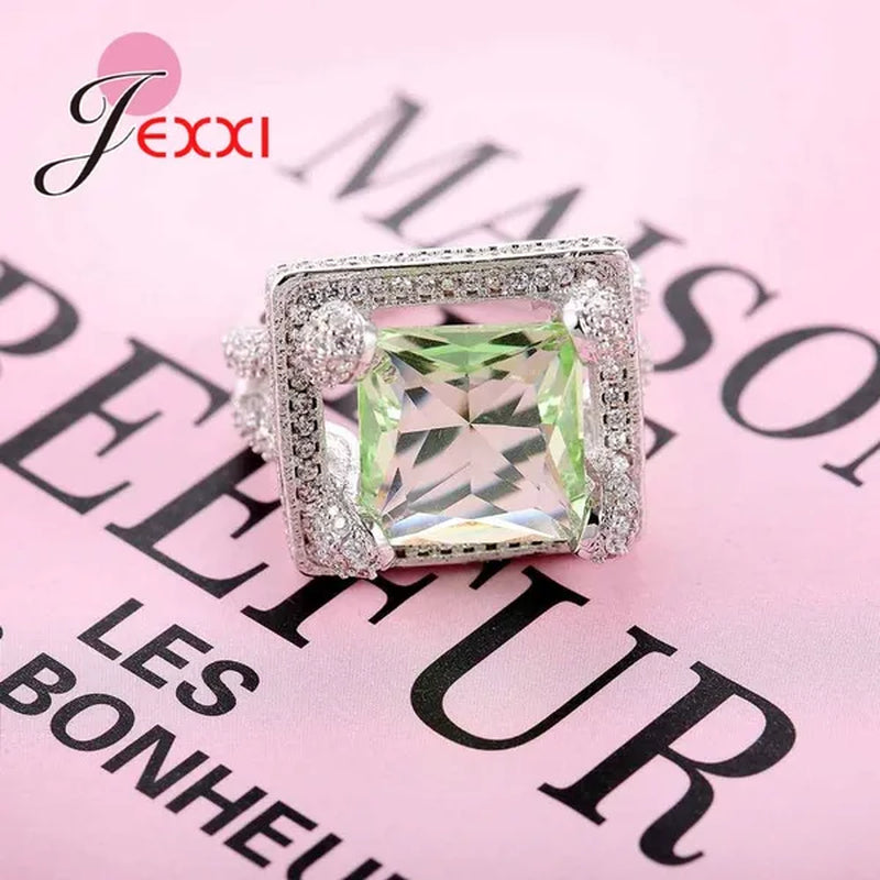Green 925 Sterling Silver Rings for Women Ring with Crystal for Lovers Wedding Jewelry Bague Femme Bijoux Anillos Mujer