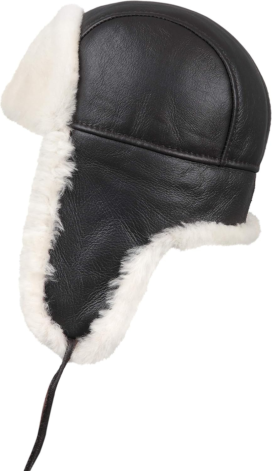 Leather Aviator Shearling Ushanka Trapper Hat Russian Sheepskin Cap Real Fur Winter Hat with Ear Flaps for Men Women