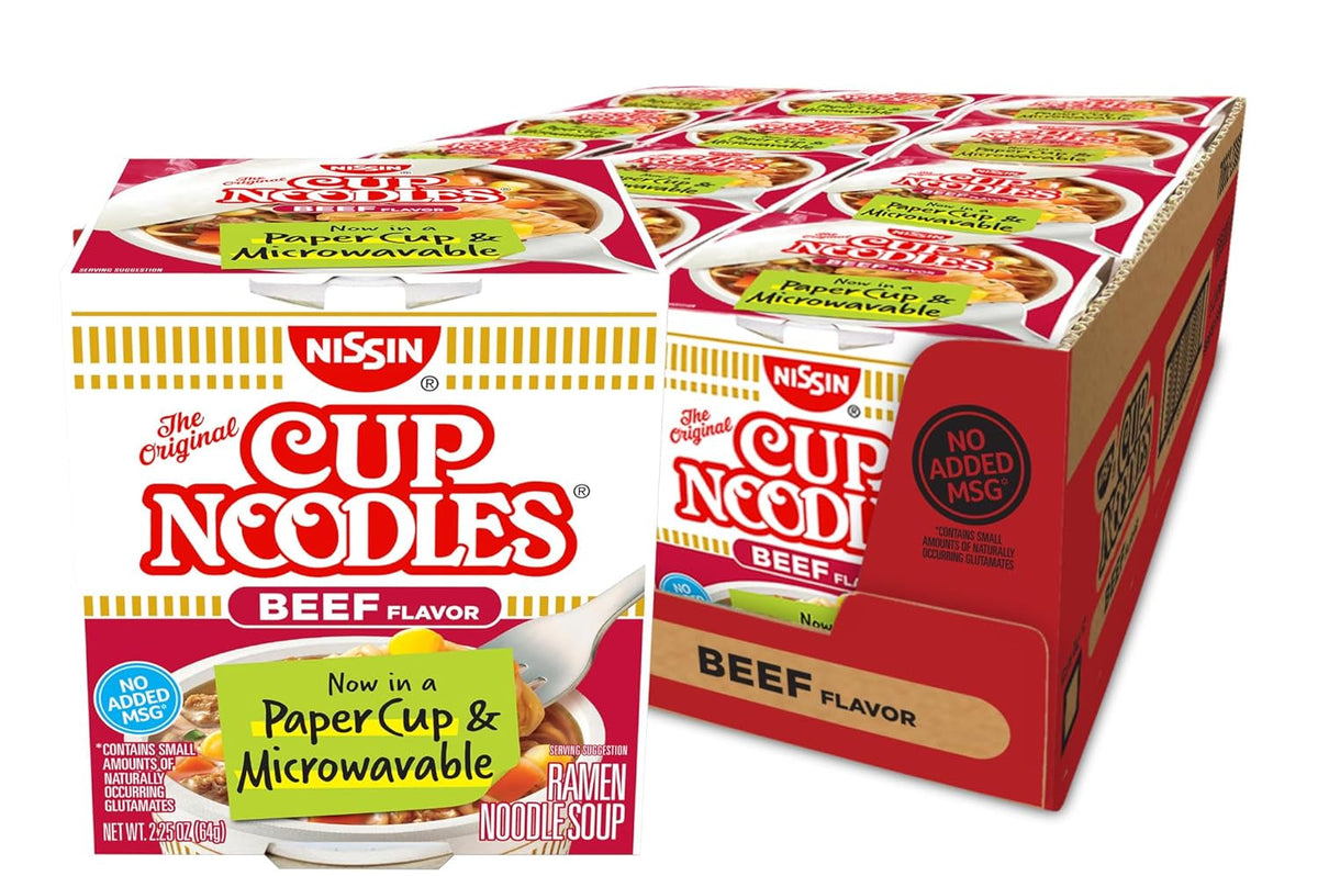 Cup Noodles Soup, Beef Flavor, Microwaveable Paper Cups, Instant Ramen, 2.25 Ounce (Pack of 12)