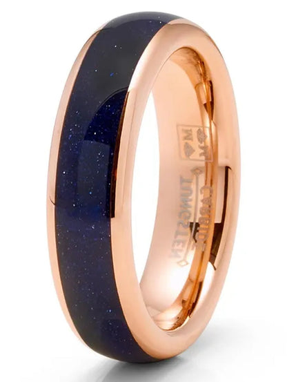Blue Lapis Lazuli Tungsten Carbide Ring Rose Goldtone Wedding Band Black 6MM