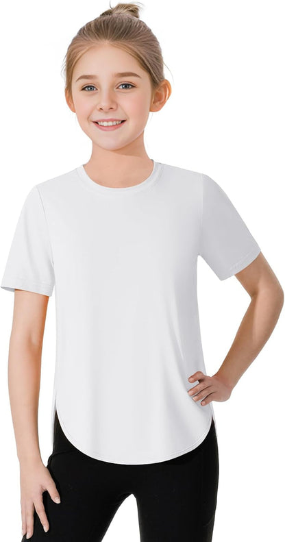 Girls Athletic Shirts Short Sleeve Quick Dry T-Shirt UPF 50+ Basic Tee Tops for Kids Teens Sports Activewear