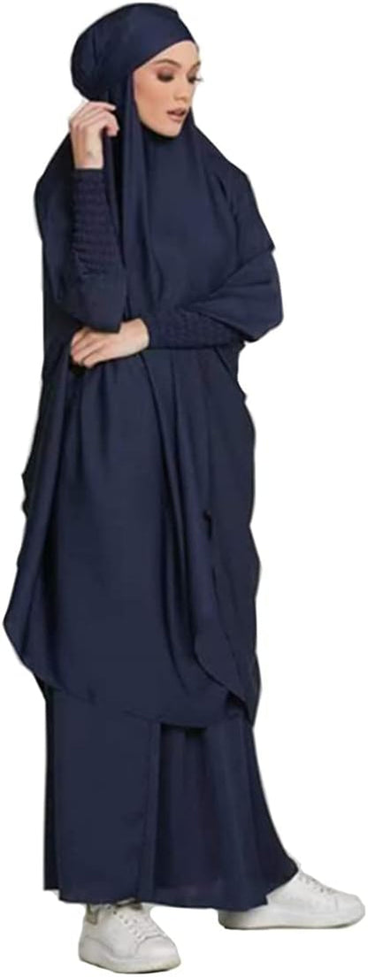 Women Muslim 2 Set Solid Color plus Long Sleeve Thobe One-Size Longuette Overall Abaya Thobe with Hoodied Hijab