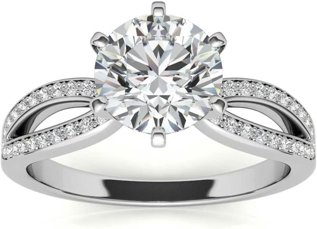 10K White Gold and 925 Sterling Silver 0.87 Carat round Brilliant Shape White Color Moissanite Diamond Pave Split Shank Wedding Ring for Her